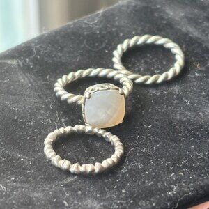 PANDORA 3-Piece Twisted Silver Ring Set – Moonstone Center – Boho Stacking Rings